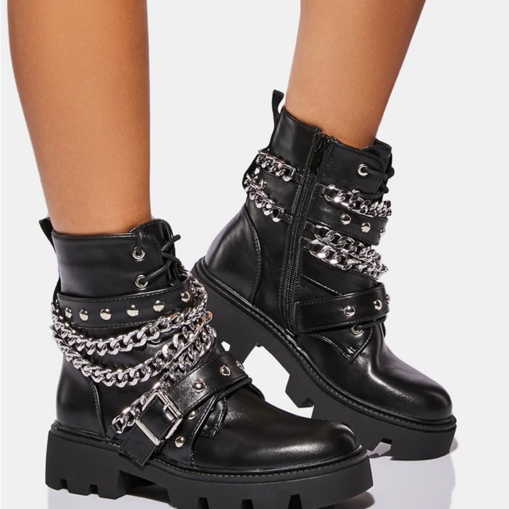 Black Leather Ankle Boots with Chains